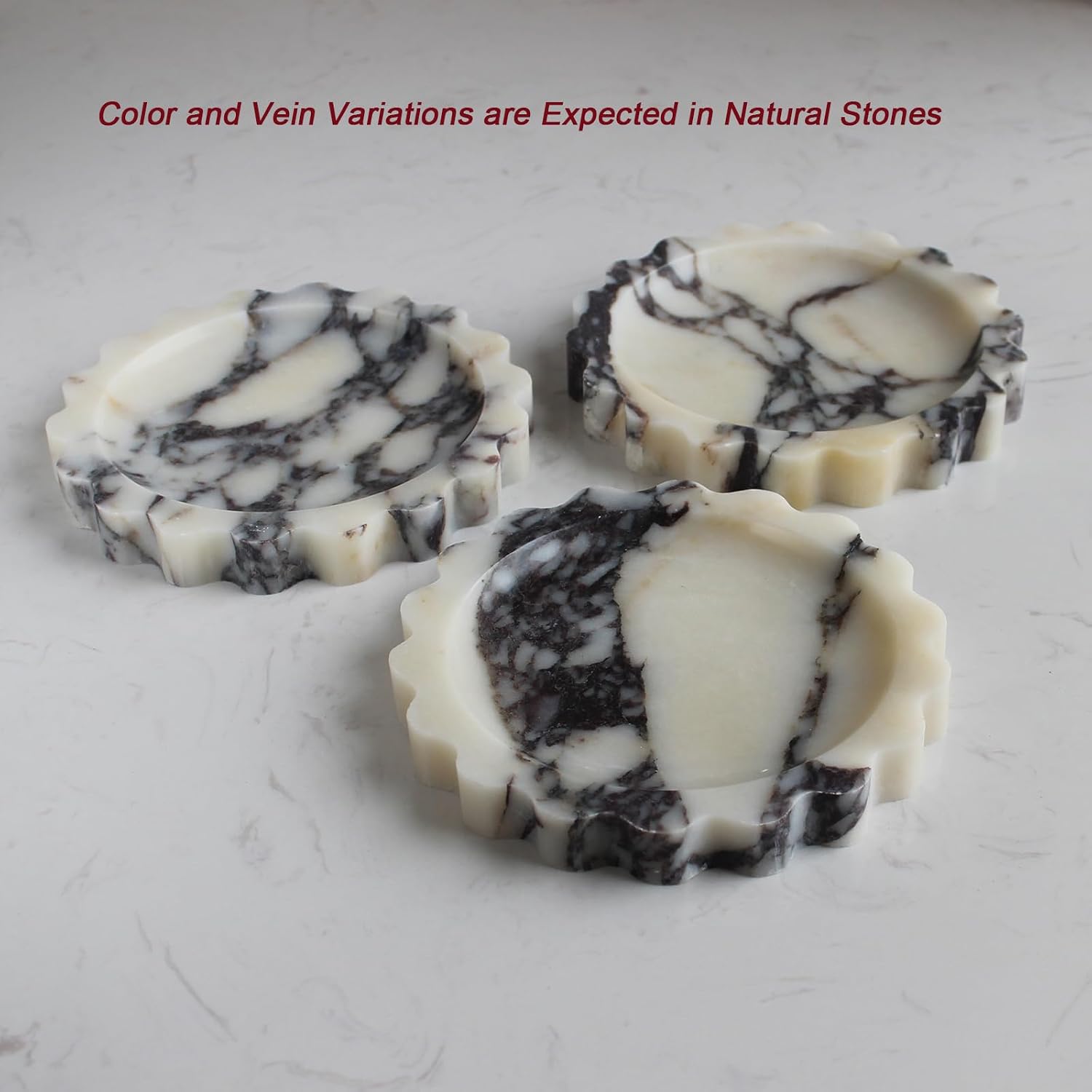 Natural Small Calacatta Viola Marble Tray 6.3", Round Scalloped Tray for Nightstand Dresser, Jewelry Tray for Women's Gift