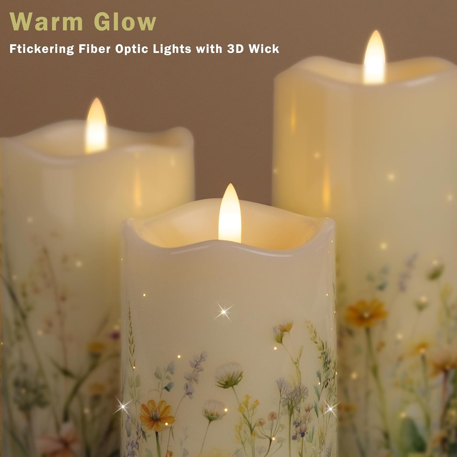 Flameless Candles, Battery Operated Floral Candles with Remote, Fiber Optic Flameless Pillar Candles Set of 3 for Spring Decorations Indoor