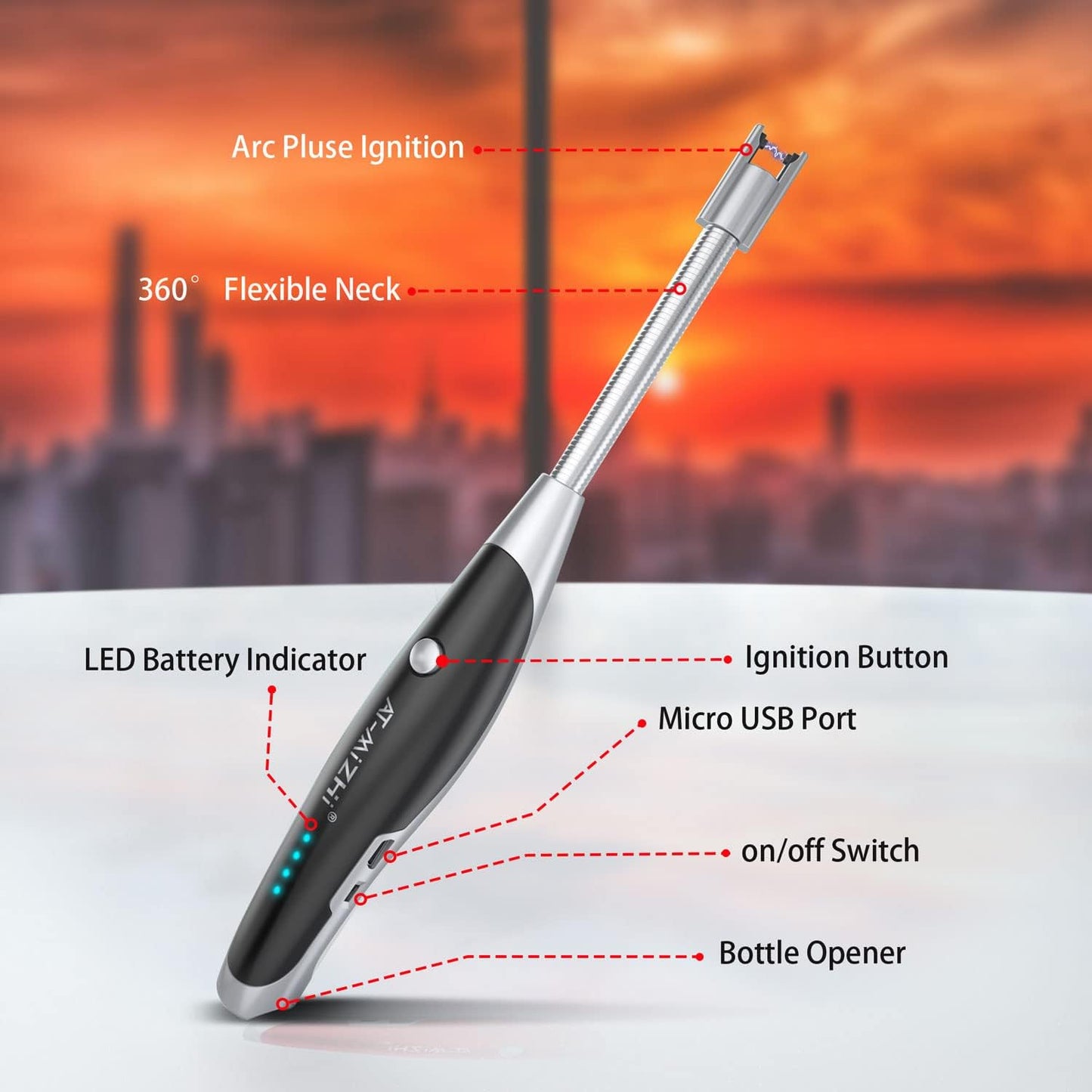 AT-Mizhi Electric Lighter - Rechargeable Long Neck Lighter with LED Flashlight for Candles, Camping & BBQ