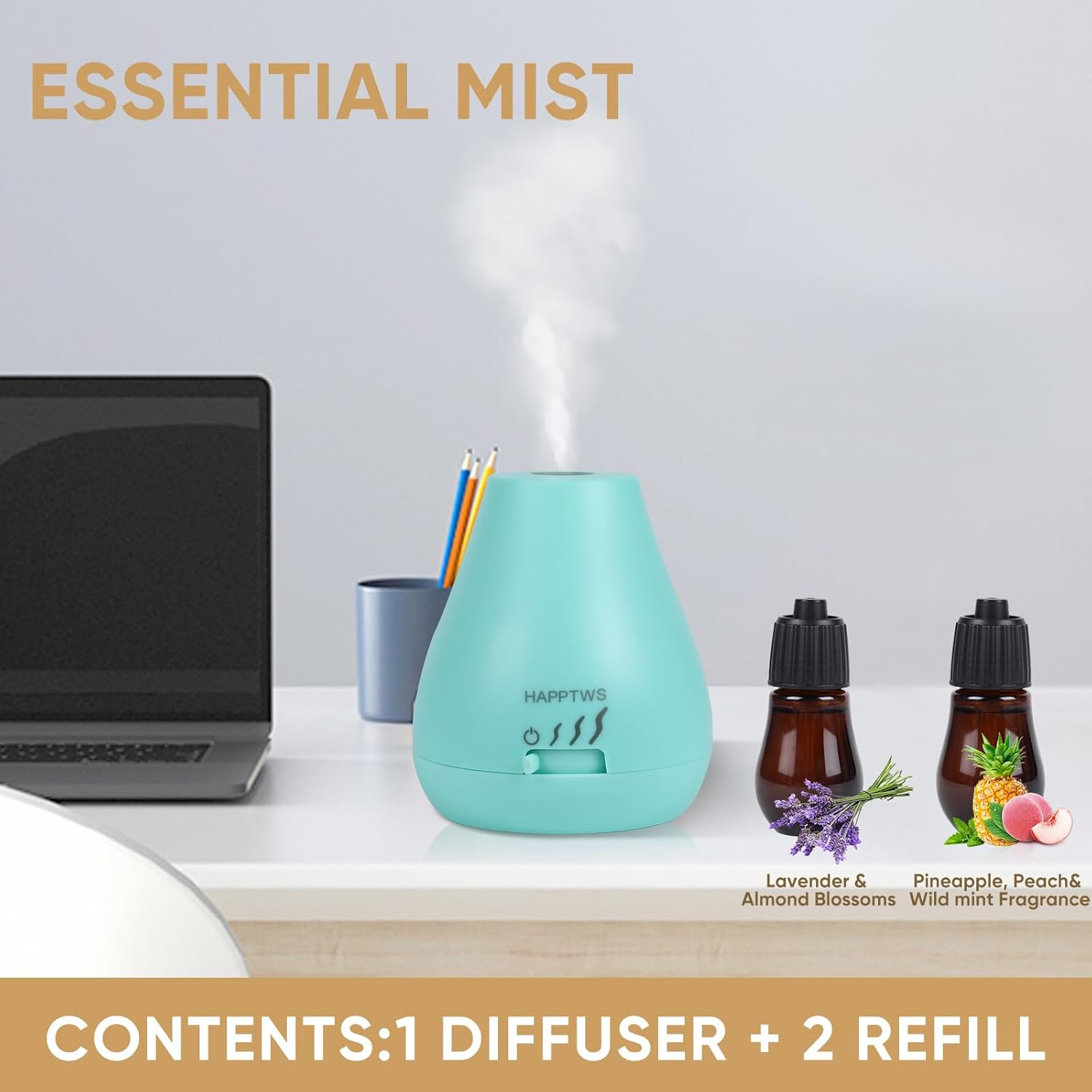 HAPPTWS Essential Oil Diffuser - Waterless Diffuser 3 Timer Settings Battery Powered for Bedroom Yoga Room Toilet Pet Room - Blue
