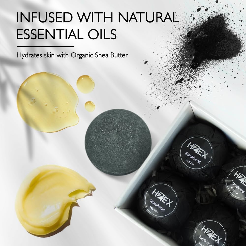 HZEX Charcoal Activated Bath Bombs for Men – Detox with Handmade Organic 6 Pack Bath Bomb Set, up to 3 Scents (Sandalwood, Bergamot, Ocean), Individually Wrapped (Sandalwood)