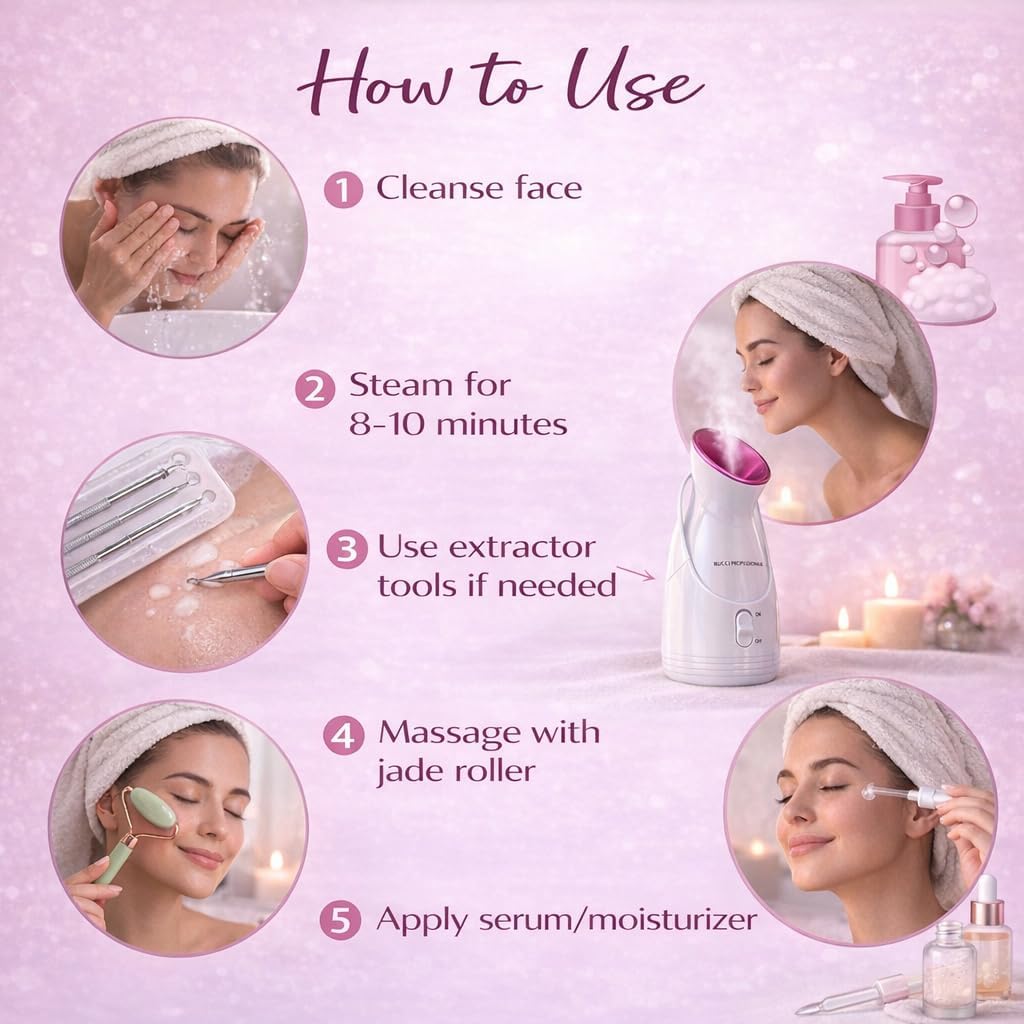 Nano Ionic Facial Steamer Spa Kit, 12-Piece Skincare Set with Jade Roller, Gua Sha, Facial Razors, Blackhead Extractor Tools & Exfoliating Sponge for Deep Pore Cleansing