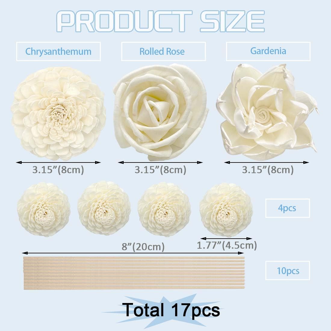 Flower Diffuser Sola Wood Flowers Natural Material Aromatherapy Reed Decorative Aromatherapy Flower Refill Diffuser Reeds, 7Pcs Flower, 10 Pcs Diffuser Rattan