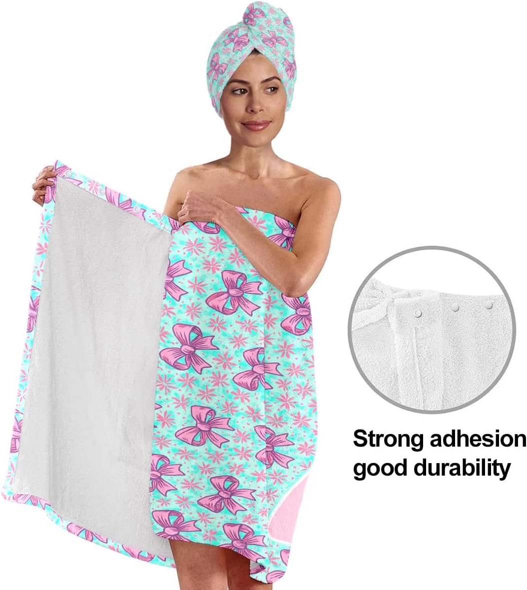 Bow Towel Wrap for Women Girls – Microfiber Shower Spa Wrap with Hair Towel Turban – Quick Dry Bath Skirt Set for Travel, Dorm, Pool, Beach, Gifts for Teen Girls (Bow 1)