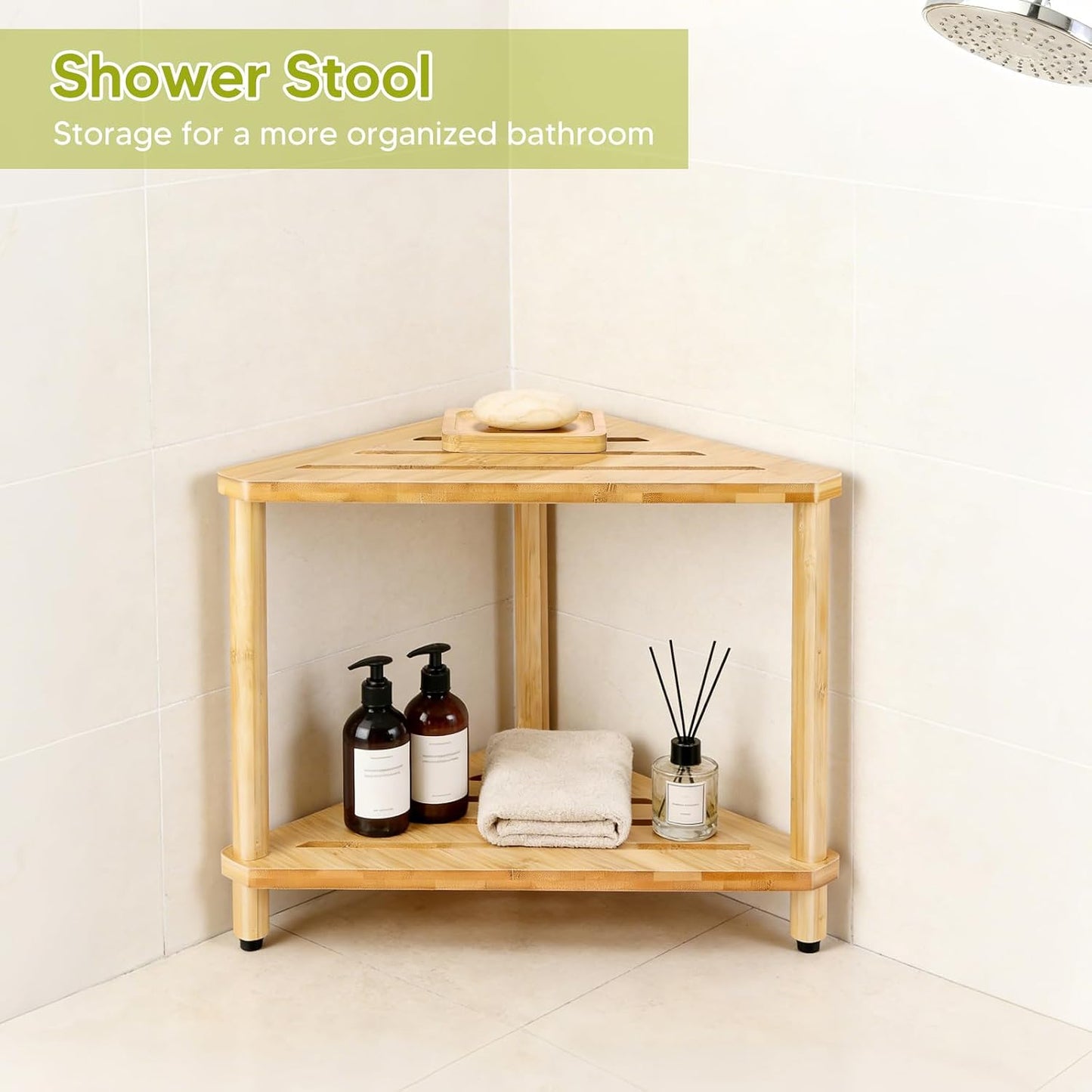 Bamboo Corner Shower Stool with Soap Dish, Waterproof Bath Bench Seat for Shaving Legs Inside Shower, 2-Tier Height Adjustable Foot Rest with Storage Shelf, Corner Bench for Women