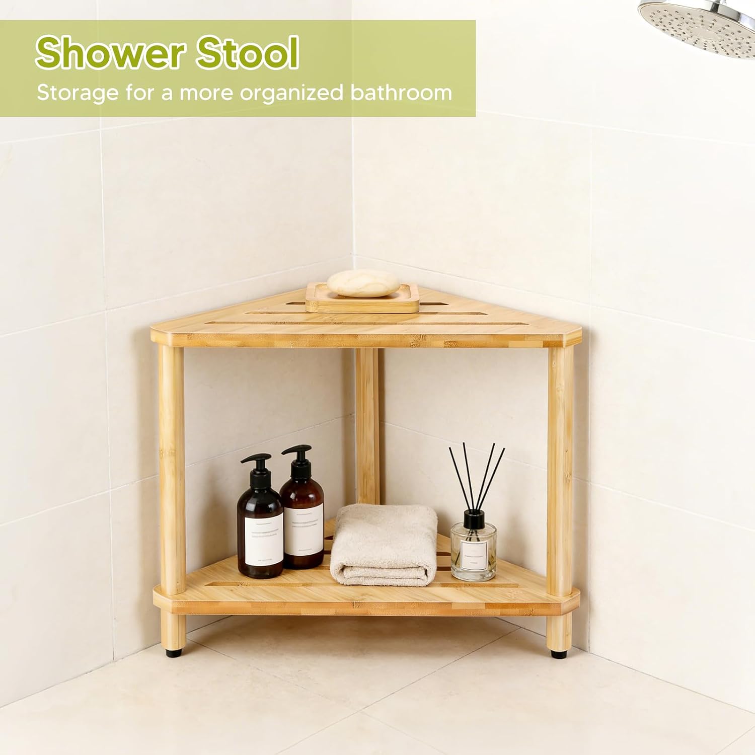 Bamboo Corner Shower Stool with Soap Dish, Waterproof Bath Bench Seat for Shaving Legs Inside Shower, 2-Tier Height Adjustable Foot Rest with Storage Shelf, Corner Bench for Women