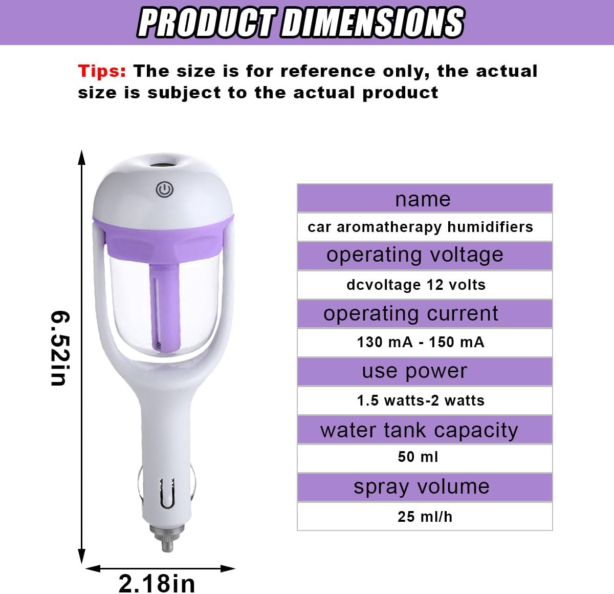 Car Humidifier, Portable Mini Aromatherapy Essential Oil Diffuser, 180-Degree Rotation Cool Mist Humidifier, Vehicle Air Freshener Diffuser with 12V Charging Port for Home Office (Purple)
