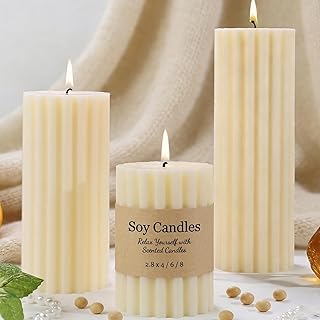 Ribbed Soy Pillar Candles Set of 3, Cashmere Amber Scented, Natural Soy Wax, 266 Hour Long Burning, 2.8x4/6/8 inch Large Pillar Candles for Home Decor, Relaxation, Bathroom, Living Room