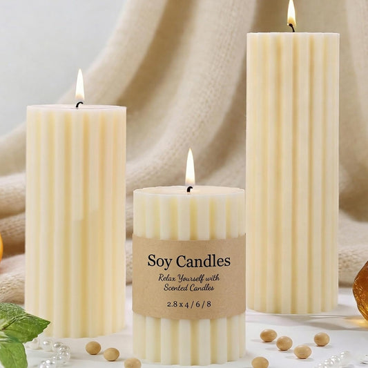 Ribbed Soy Pillar Candles Set of 3
