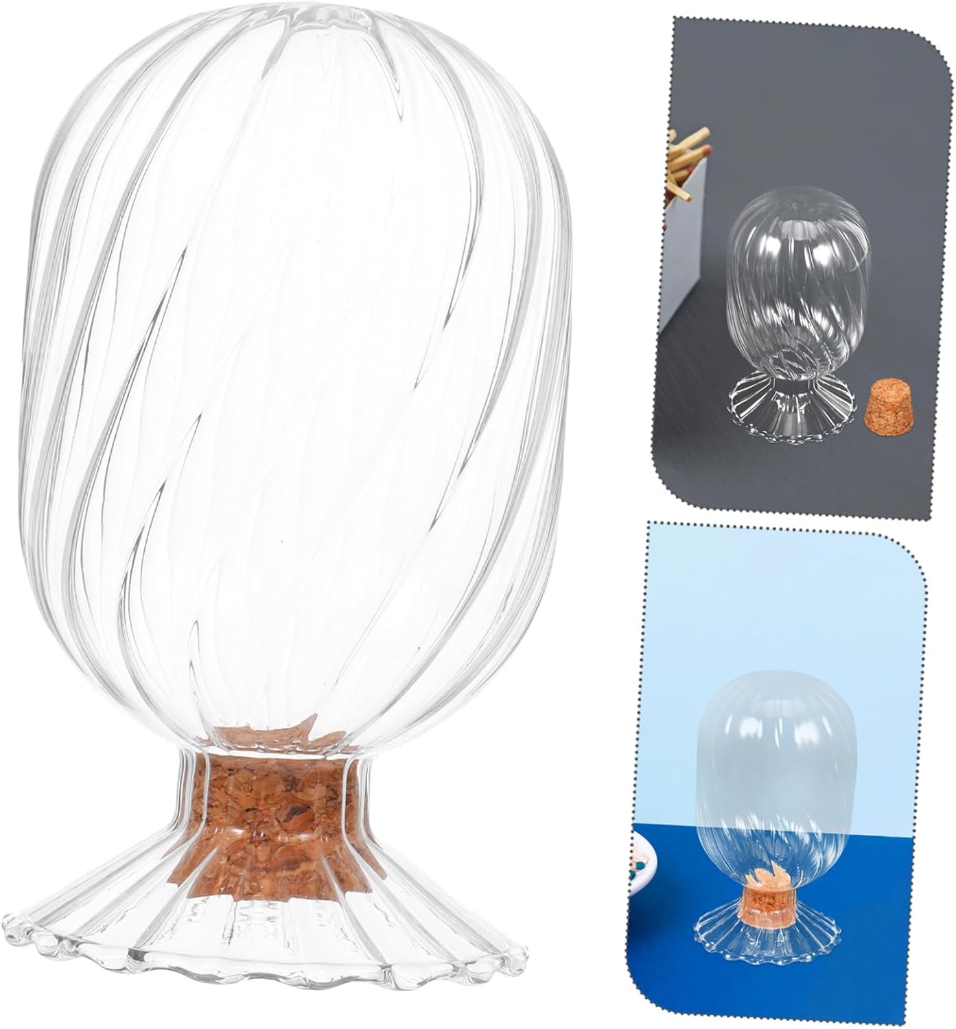Decorative Glass Match Holder Helix Shaped Cloche with Cork Lid for Striker Stylish Empty Storage Jar for Home Bathroom Display and Fireplace Use