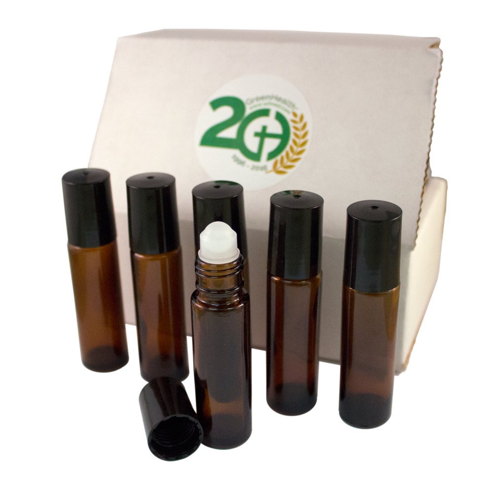 GreenHealth Aromatherapy - Amber Glass Bottle with Roll On Applicator and Black Cap - 10 ml - Package of 6