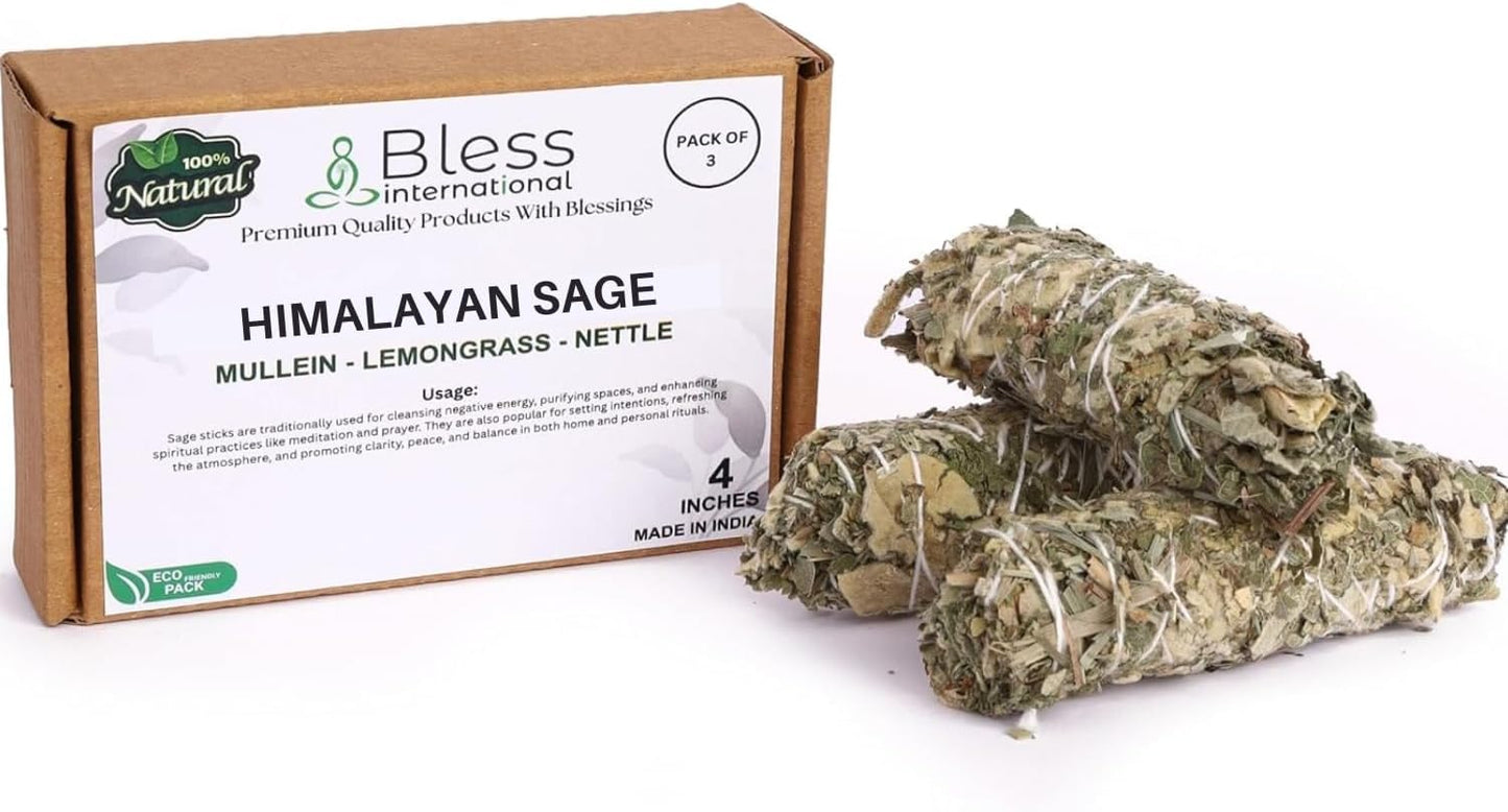 Bless-International Himalayan-Sage-Mullein-Nettle-Lemongrass-Incense Premium-100%-Natural-and-Organic Handcrafted-4-Inches-Long Used-for-Home-Cleansing-Meditation-Smudging-Rituals