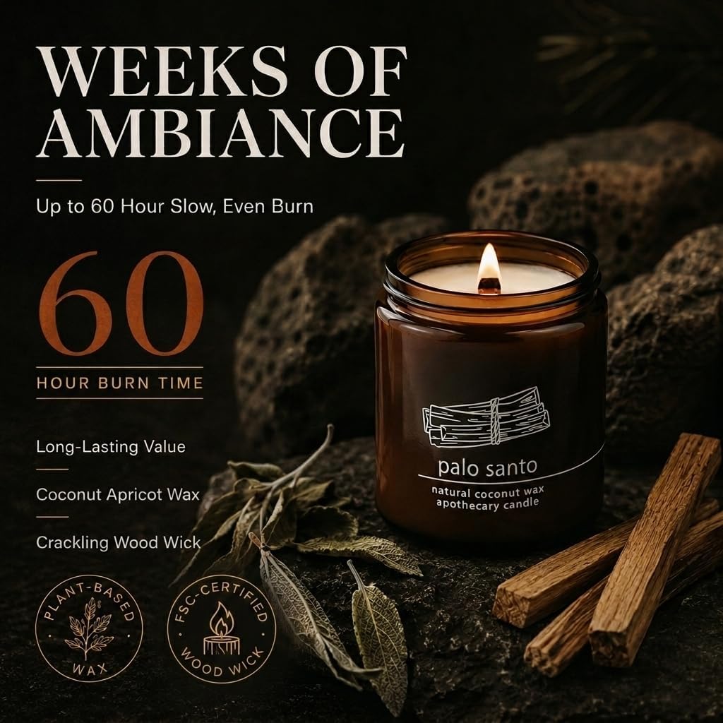 Hemlock Park Palo Santo Apothecary Scented Candle | Crackling Wood Wick, Botanical Fragrance & Coconut Apricot Wax | Up to 60 Hour Burn Time | 8 oz | Made in USA