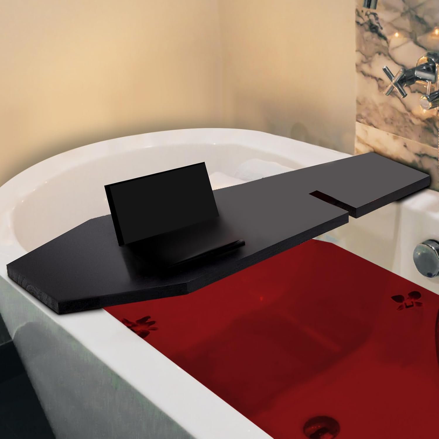 Barydat Halloween Decorations Coffin Bath Tray Gothic Coffin Serving Tray with Tablet Stand Spooky Goth Bathtub Caddy Black Wood Bath Board for Halloween Home Decor Bathroom Accessories