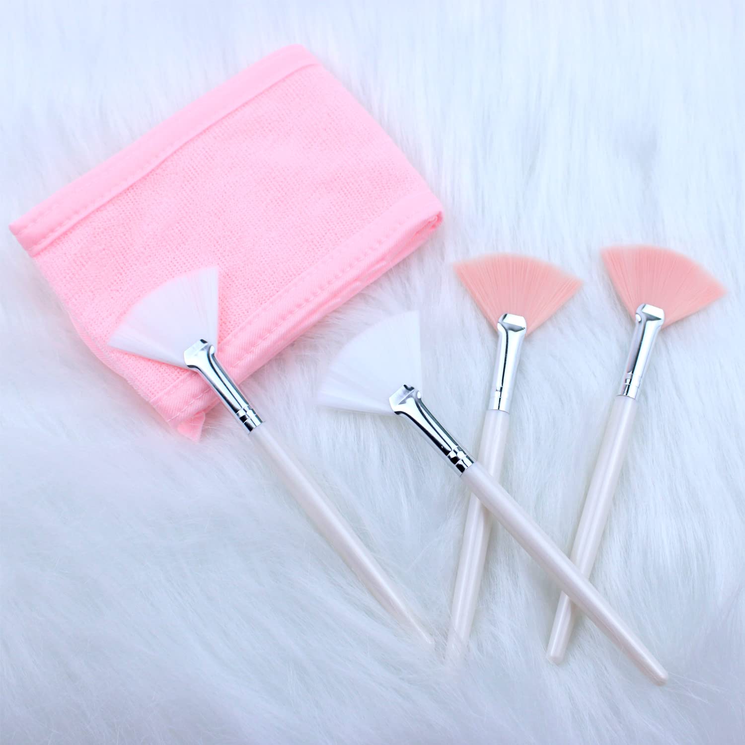 LAPOHI 4 Pack Adjustable Towel Headbands for Washing Face with 4 Pieces Fan Brushes, Facial Mask Brush and Spa Facial Headbands for Women and Grils Skincare Headband for Facial Esthetician Supplies