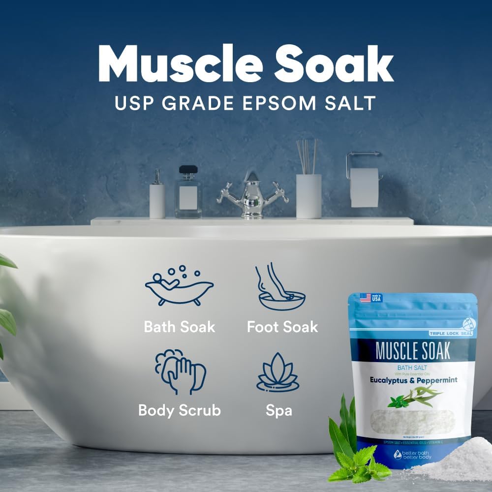 Muscle Soak Bath Salt 32 Ounces (2 Lbs) Epsom Salt with Natural Peppermint and Eucalyptus Essential Oils Plus Vitamin C in BPA Free Pouch with Easy Press Lock Seal Made in USA
