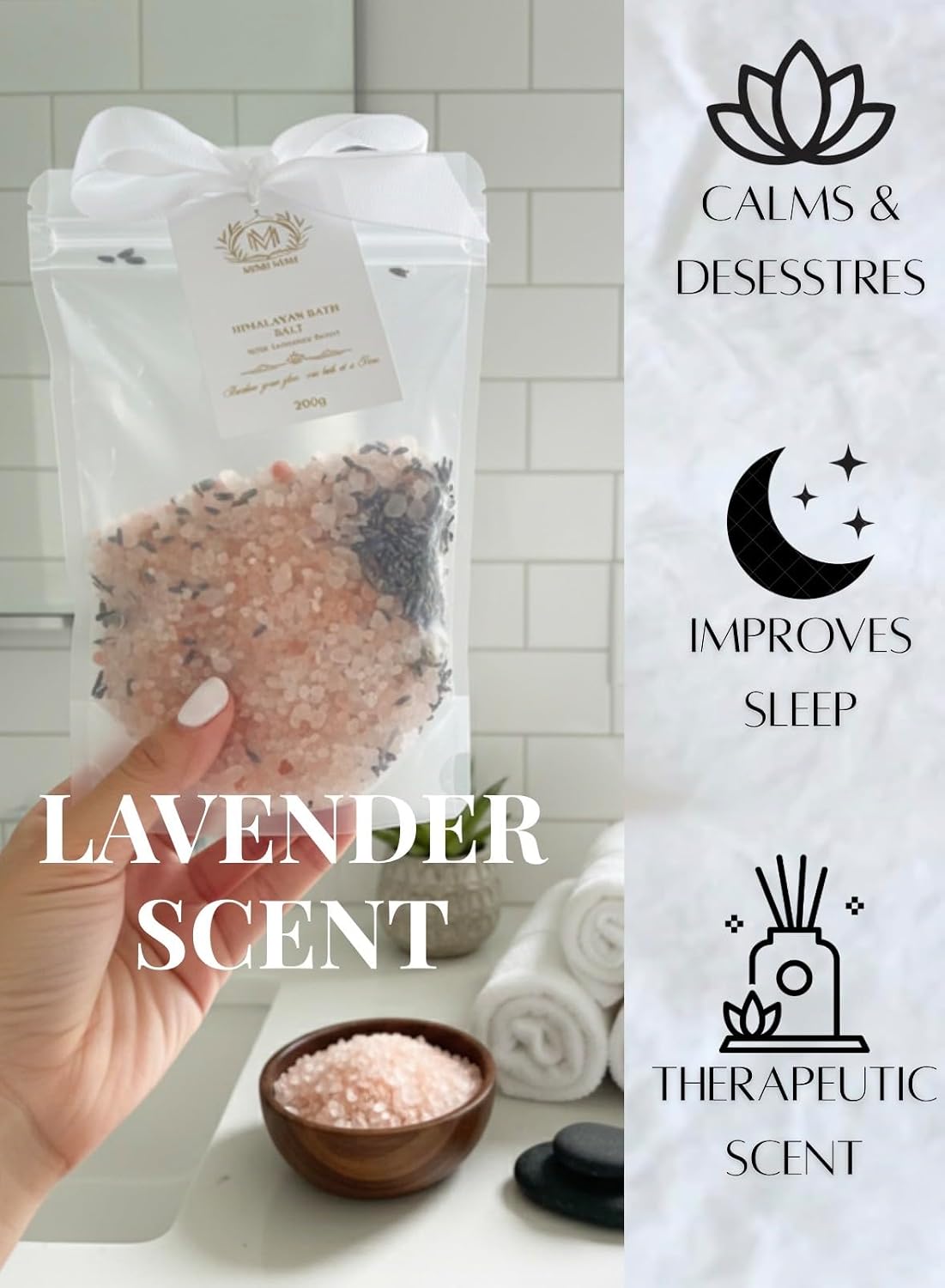 MIMI MIMI Pink Himalayan Bath Salt Gift Set with Rose, Lemon and Lavender - 3 x 200g Bath Salts for Women Relaxing, Natural Aromatherapy Gifts for her, Mineral Bath Soaks, Spa Body Care, Foot Soak.