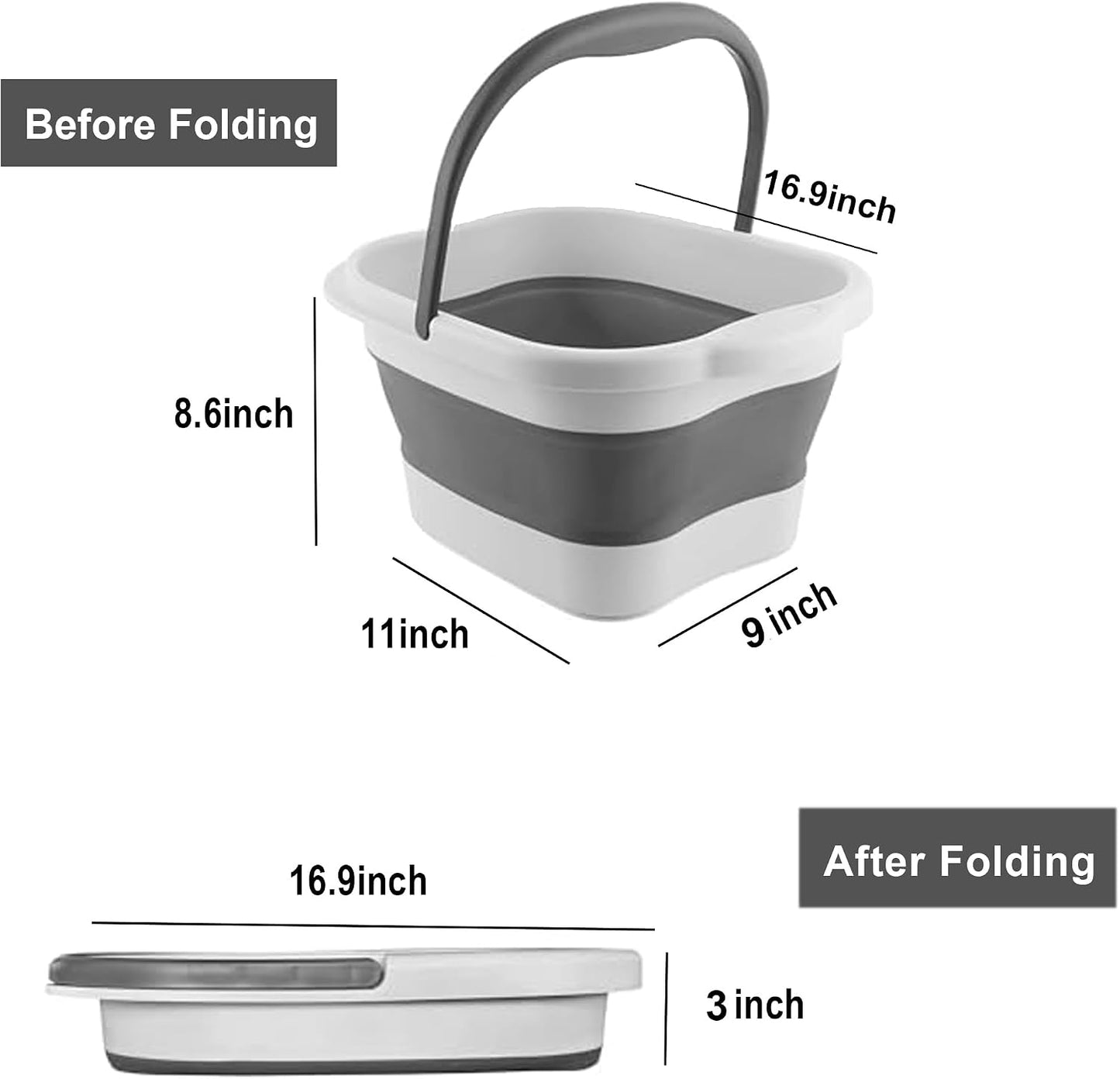 Collapsible Foot Soak Tub 15L(4 GL) with Handle, Bath Massager for Dry Cracked Feet, Plastic Grey Foot Bucket