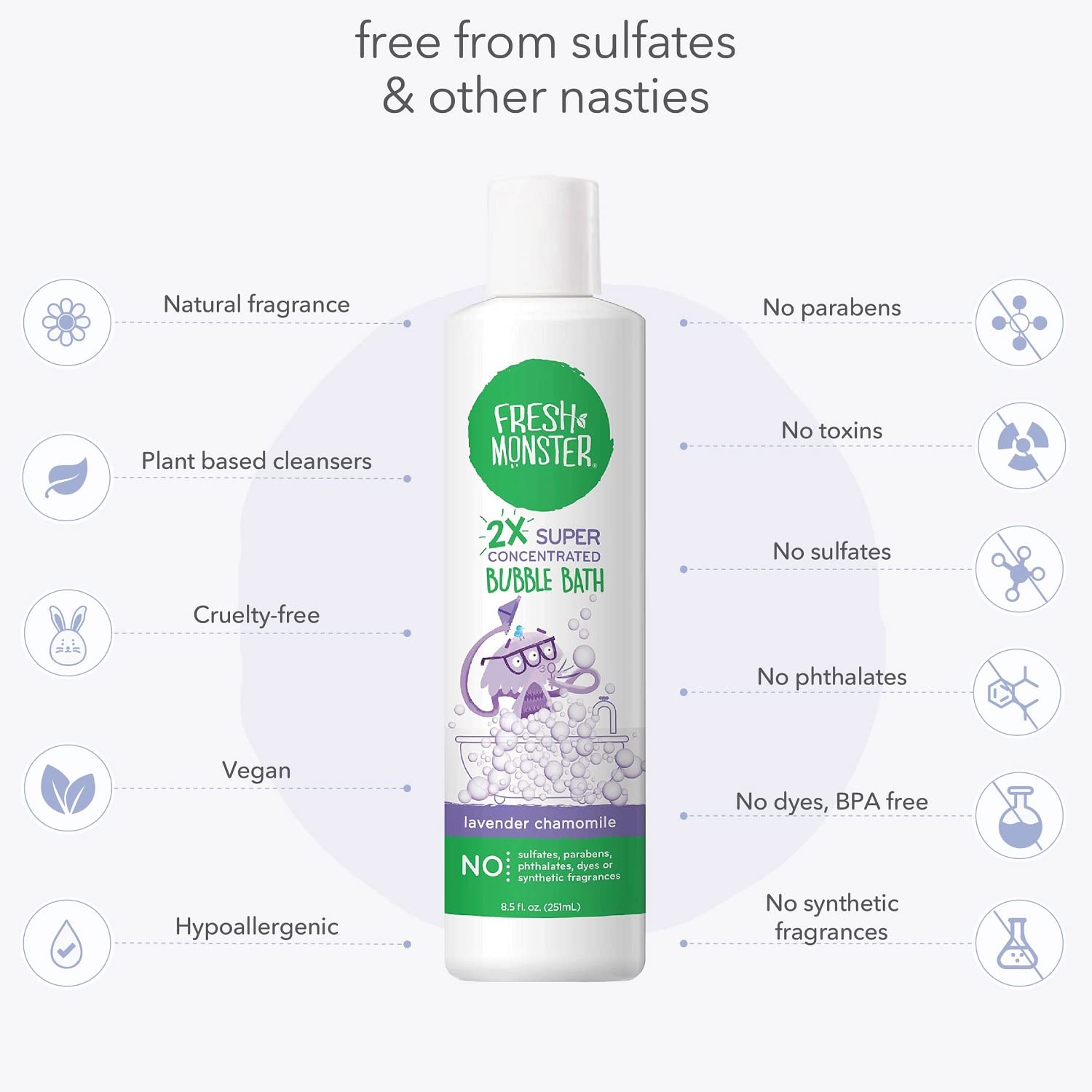 Fresh Monster Kids Foaming Bubble Bath | Hypoallergenic, Natural for Kids & Toddlers | Super Concentrated | Soothing Lavender Scent | Bath Time Essentials