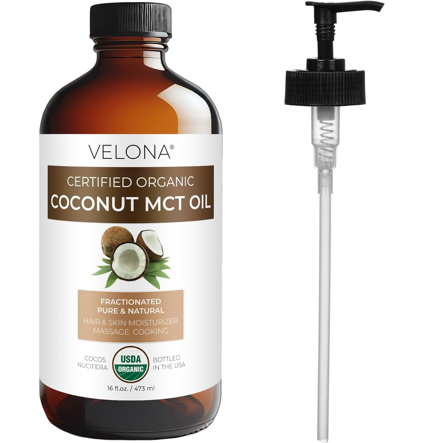 velona USDA Certified Organic MCT Coconut Oil - 16 fl oz in Glass Bottle | 100% from Coconut | Fractionated | Skin, Face, Body, Hair Care