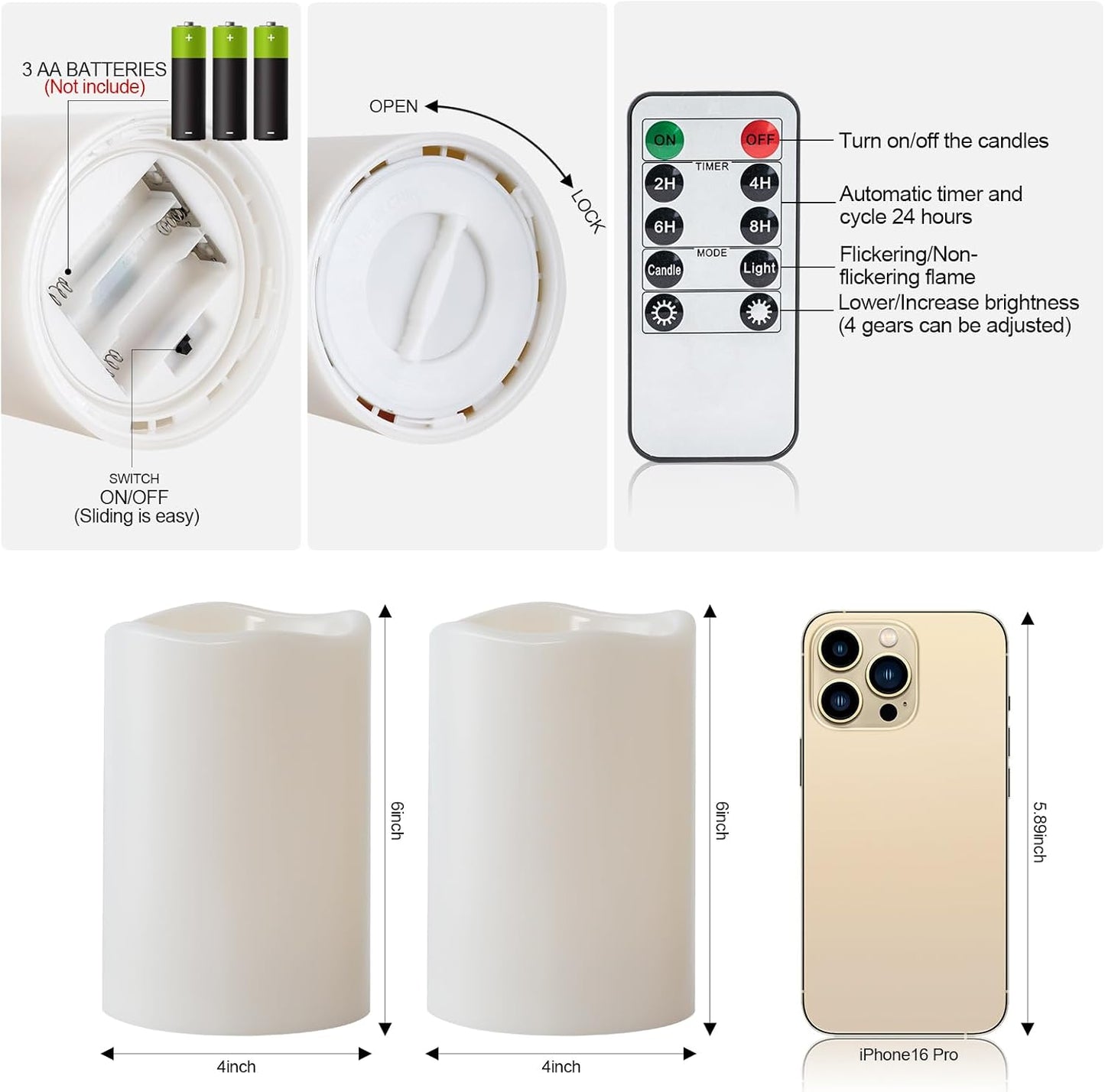 Amagic 2 Pack 6" x 4" Outdoor Plastic Electric flameless Candles with Remote Control and Timer, Battery Operated Flickering LED Pillar Fake Candle for Home, Wedding Decor, Ivory