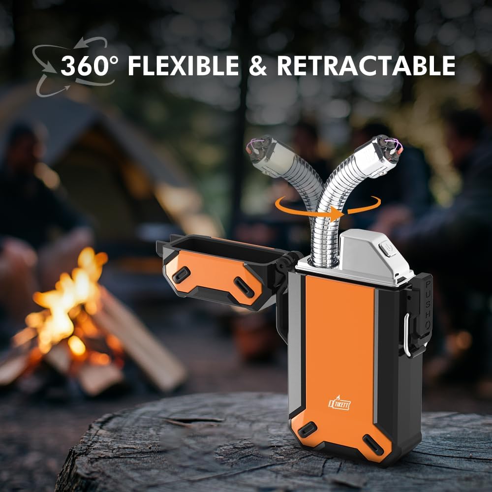 Dual Arc USB Rechargeable Electric Camp Lighter with Retractable Flexible Long Neck Waterproof Windproof Lighter for Outdoor, Grill and Candle (Orange)