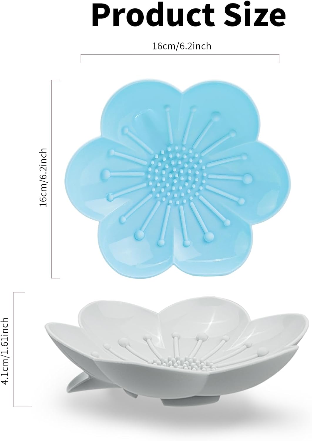 Soap Dishes 2 Pack Self Draining XL Flexible Bar Holder for Shower Steamer, Silicone Flower Soap Saver Tray for Counter Bathtub Sink Bathroom Decor with Drainage -Mirror Surface Easy Clean, Grey/Blue