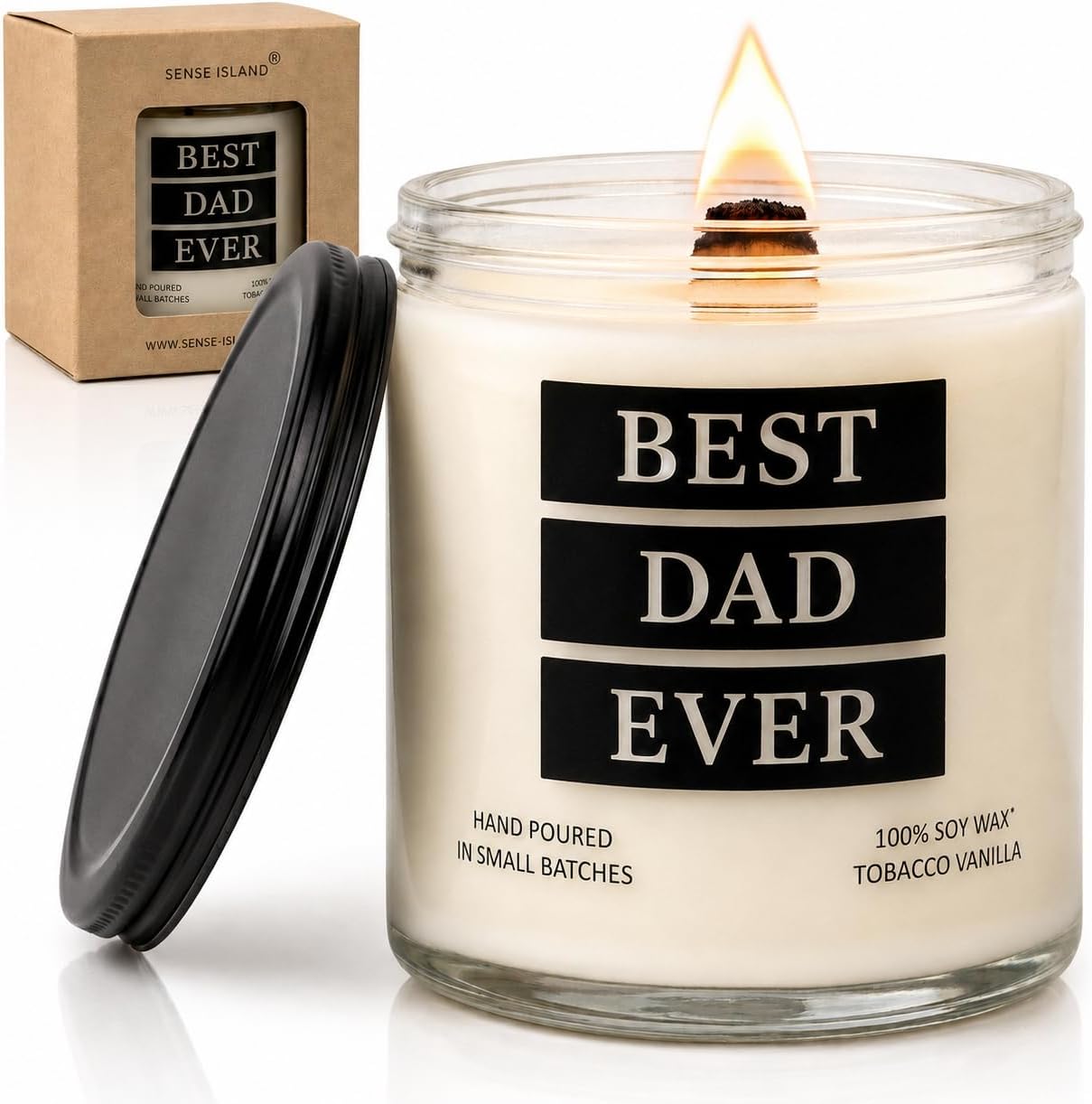 Best Dad Ever Candle, Tobacco Vanilla Scented Candle for Dad with Crackling Wood Wick, 100% Soy Wax Candle, Hand Poured Masculine Fragrance