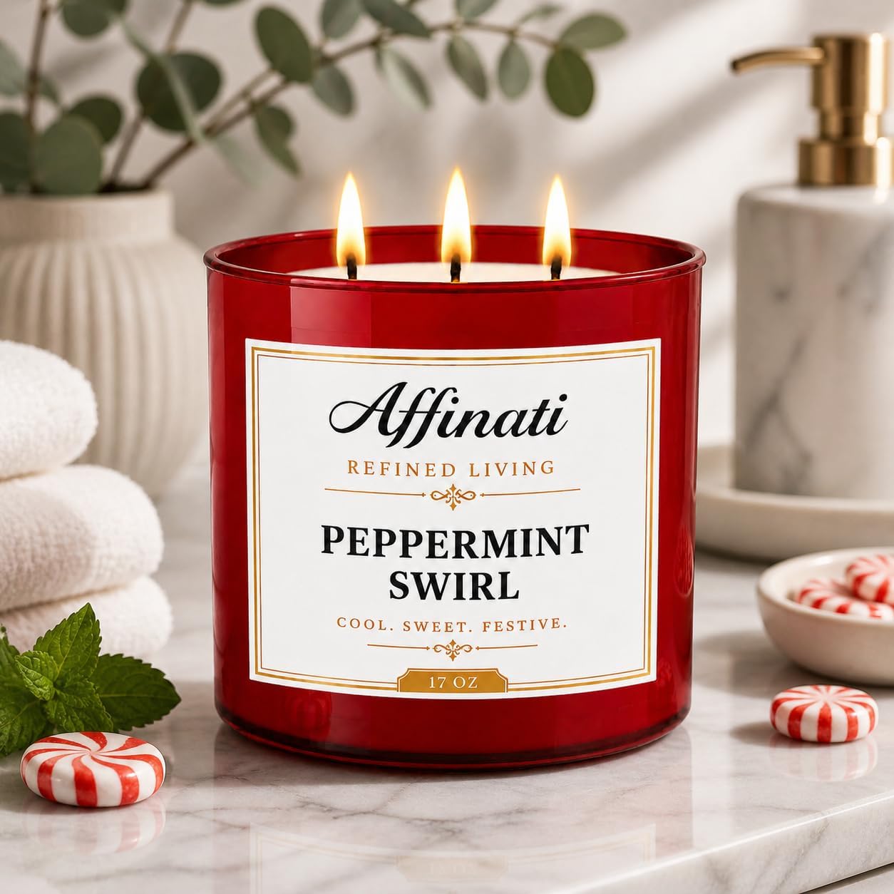 Affinati Peppermint Swirl 3 Wick Scented Candle – Large Soy Blend Candle, Strong Scent Throw Fresh Crisp Sweet Mint Winter Candles, Premium Holiday Home Fragrance Gift