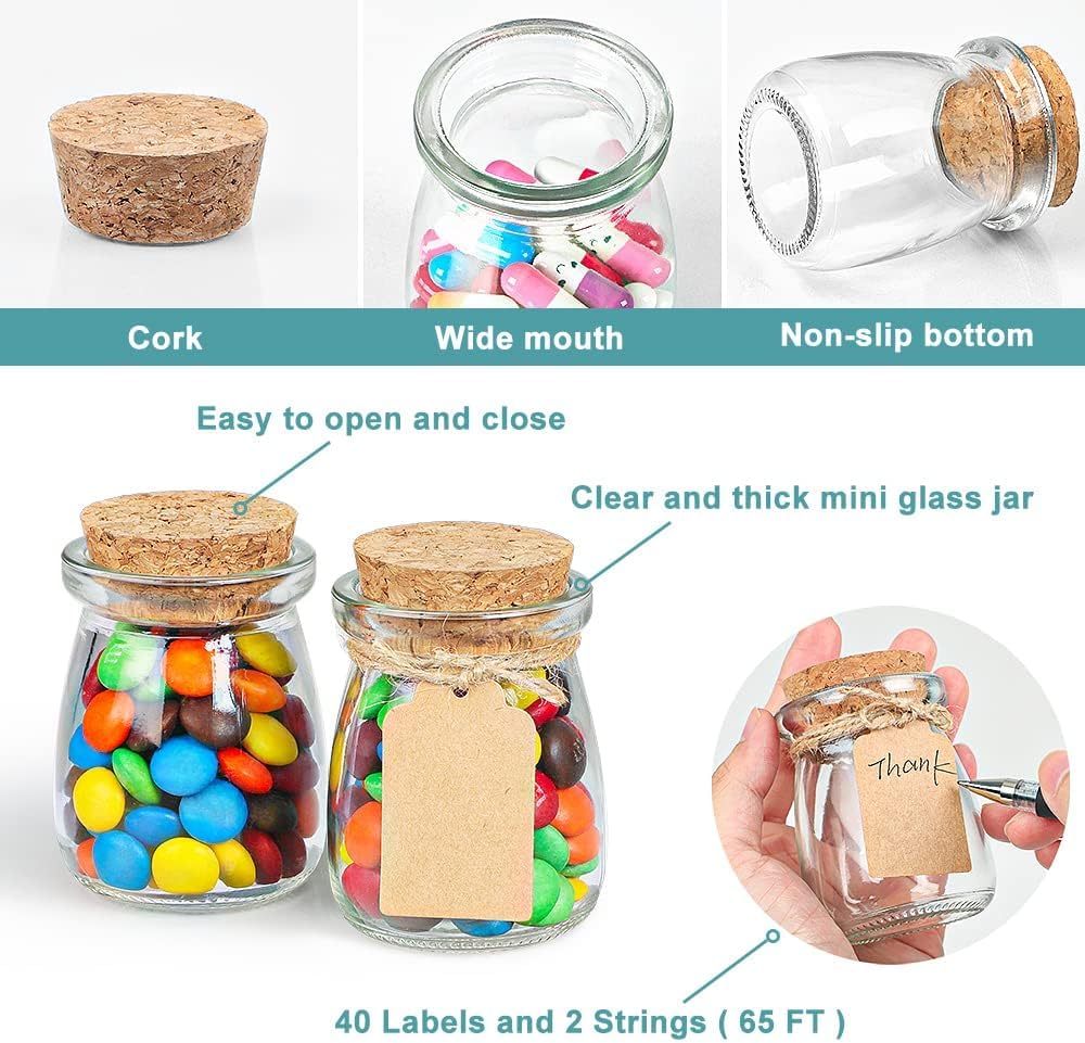 Ritayedet 40 Pack Glass Favor Jars with Cork Lid, 3.4 oz Small Glass Bottles for Wedding Favor, Baby Shower, Party Favor, Gift Jars for Candy, Bonus Twine and Labels