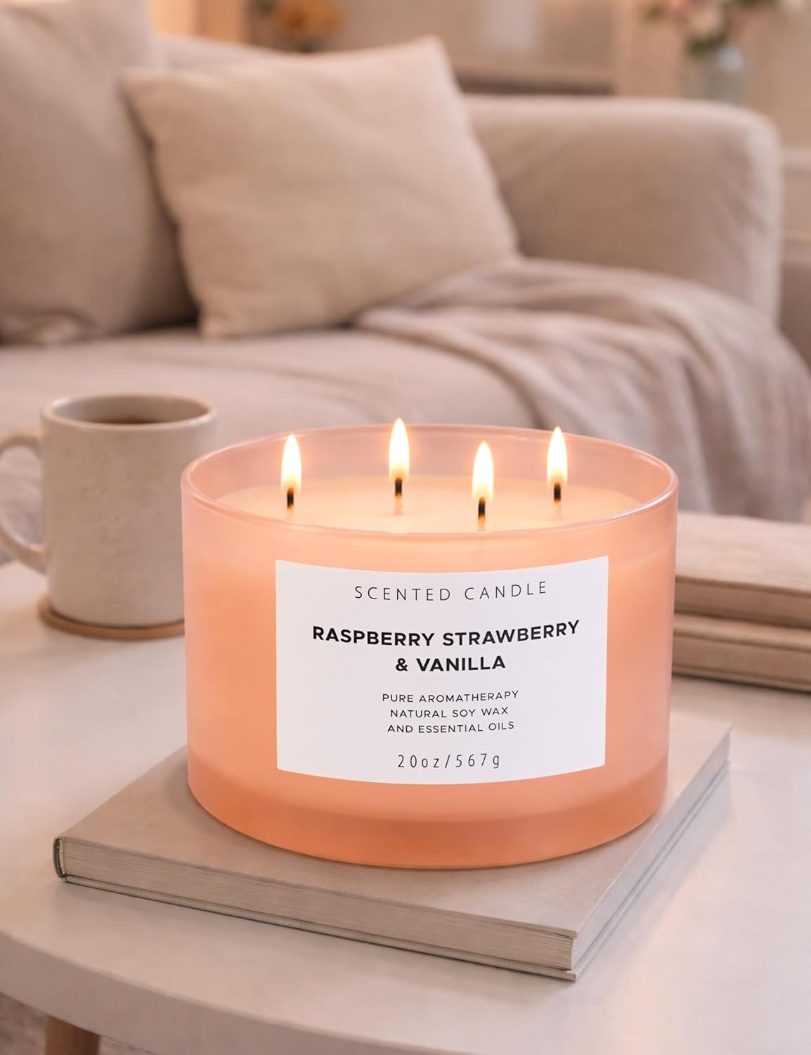 Raspberry Strawberry Vanilla Scented Candle | 4 Wick Extra Large Soy Candle 20 oz | Strong Scented Fruity Aromatherapy Candle for Women | Sweet Berry Vanilla Home Scent | Long Lasting Clean Burn