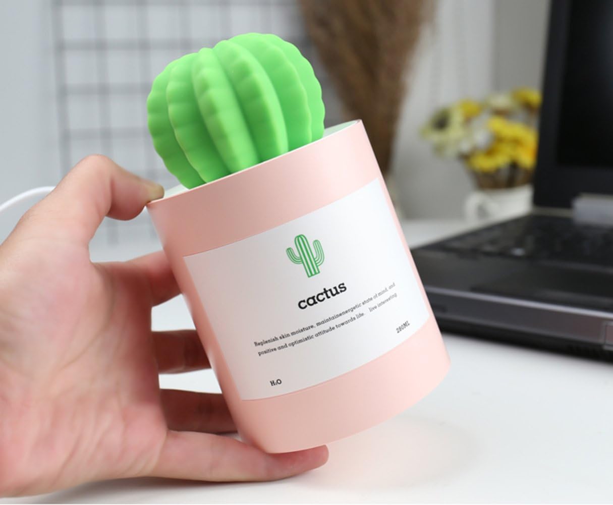 Mini Humidifier, 280ml USB Cool Mist Portable Cactus Air humidifier, Ultra-Quiet Operation for Bedroom Home Office Yoga Car Travel(Pink)