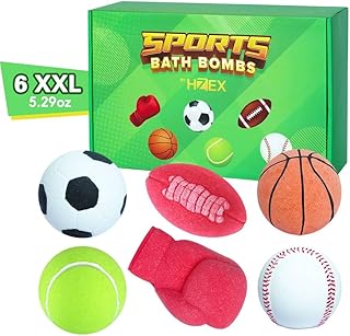 HZEX Sports Themed Bath Bombs Gift Set – 6 Piece Novelty Fizzy Balls with Basketball, Tennis, Baseball, Soccer, Football & Boxing – Fun Spa Kit for Kids, Teens, Men & Women – Self Care & Relaxation