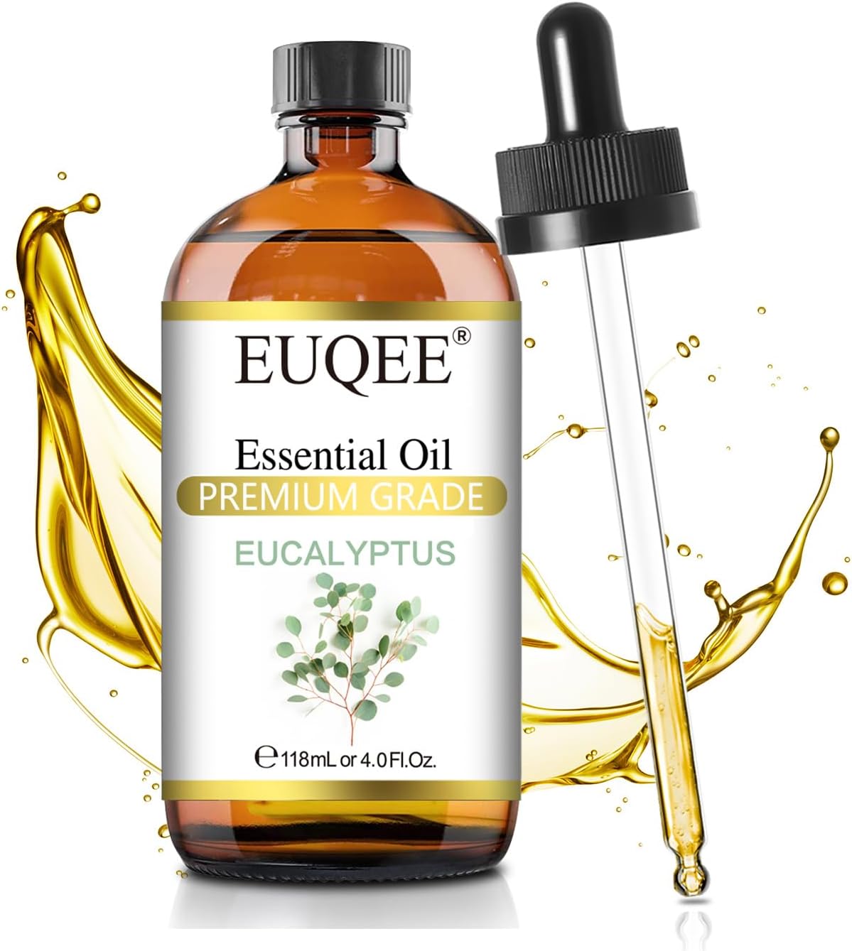 EUQEE Eucalyptus Essential Oil 118ml Pure Eucalyptus Oil with Glass Dropper for Aromatherapy, Diffuser, Soap & Candle Making - 4Fl.Oz