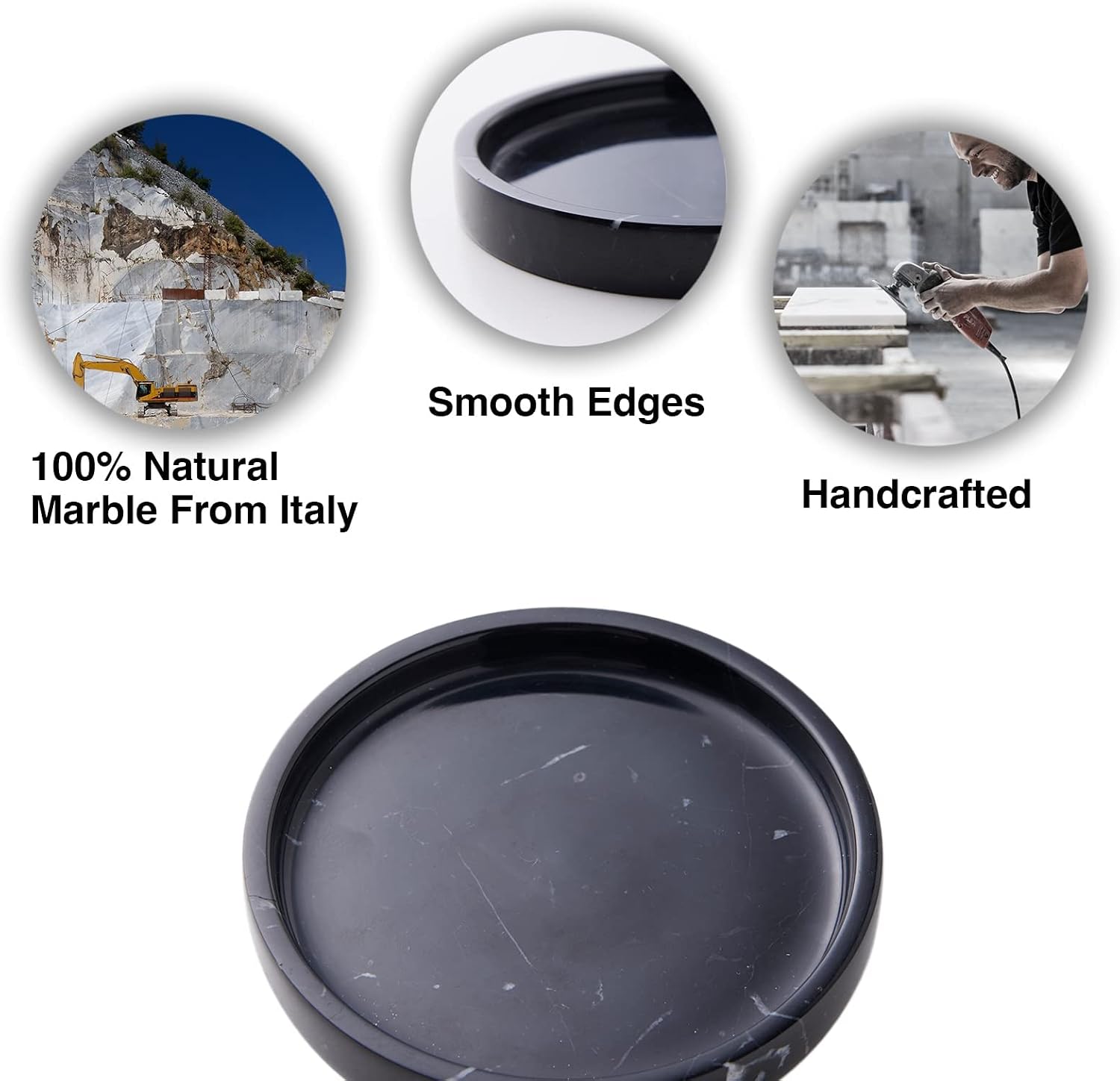100% Carved Marble Round Vanity Tray 5.5'', for Kitchen Bathroom Countertop, Nightstand Decor, Candle Holder, Jewelry Rind Dish, Trinket Plate, Table Accents, Black