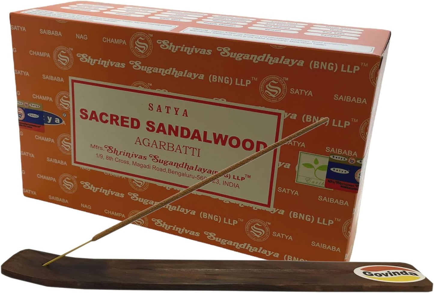 Govinda Incense Stick Holder Bundle with Satya Bangalore (BNG) Incense Sticks - 12 Boxes x 15 Grams (Sacred Sandalwood)