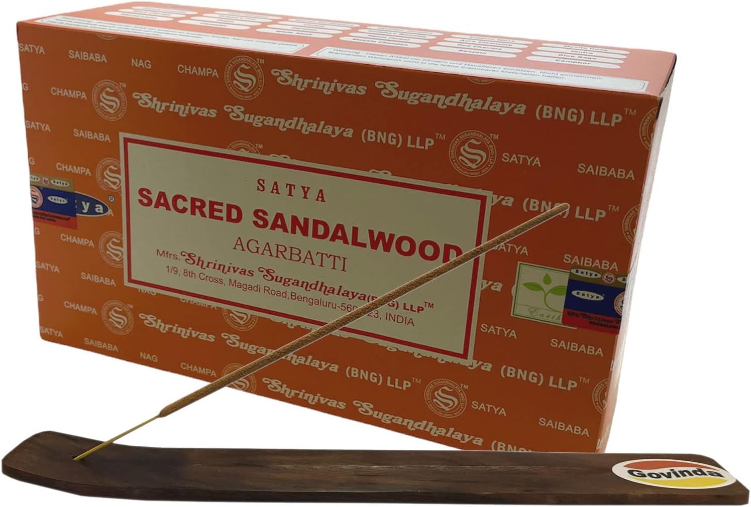 Govinda Incense Stick Holder Bundle with Satya Bangalore (BNG) Incense Sticks - 12 Boxes x 15 Grams (Sacred Sandalwood)
