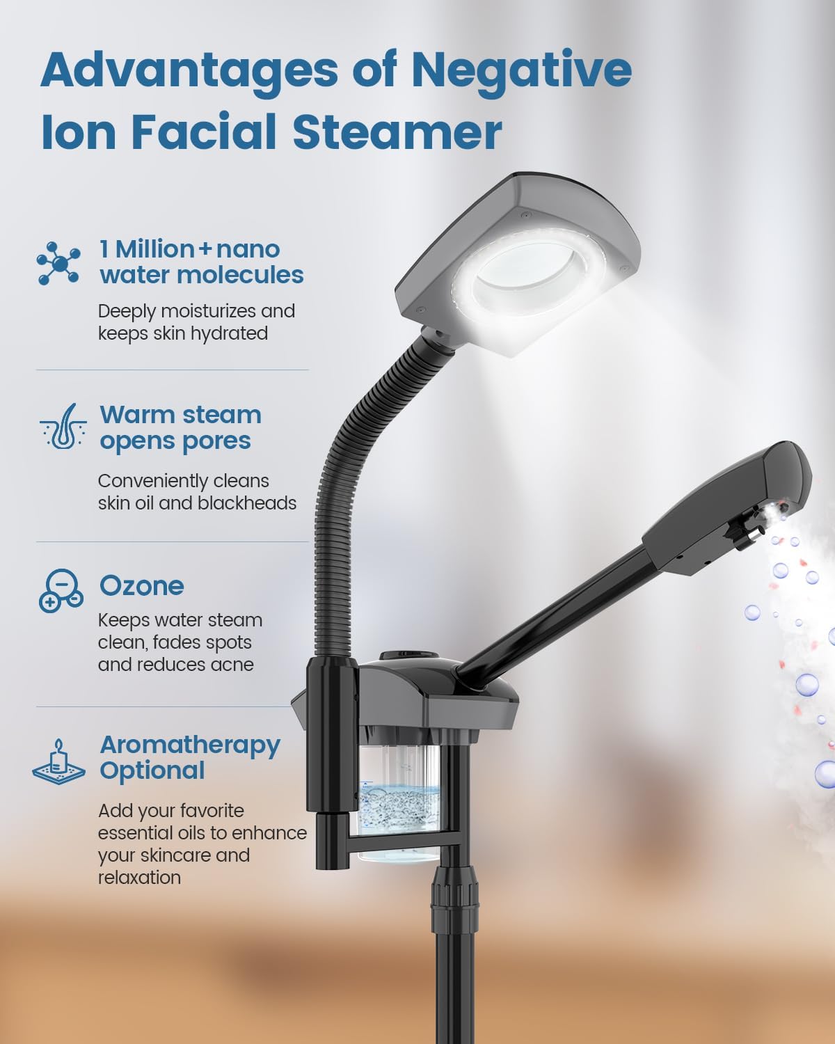 Facial Steamer & 5X Magnifying Lamp Combo, Professional Esthetician Equipment: Adjustable Nano Mist, Deep Pore Cleansing, Blackhead Remover, Acne Treatment Ozone Steamer (JY-201B)