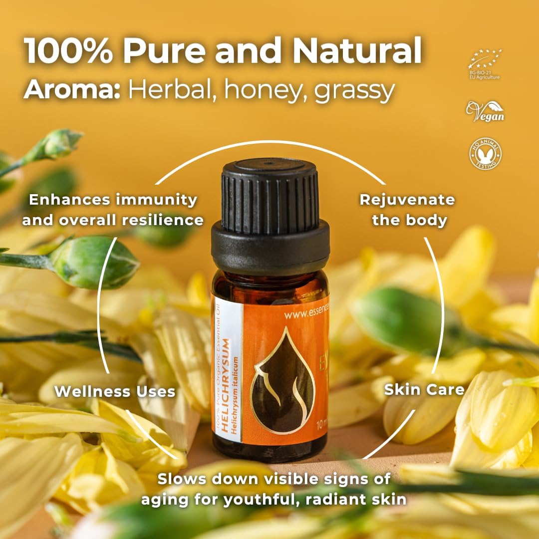 Essences Bulgaria Organic Helichrysum Essential Oil 1/3 Fl Oz | 10ml | Helichrysum italicum | 100% Pure and Natural | Undiluted | Therapeutic Grade | Family Owned Farm | Steam-Distilled | Non-GMO