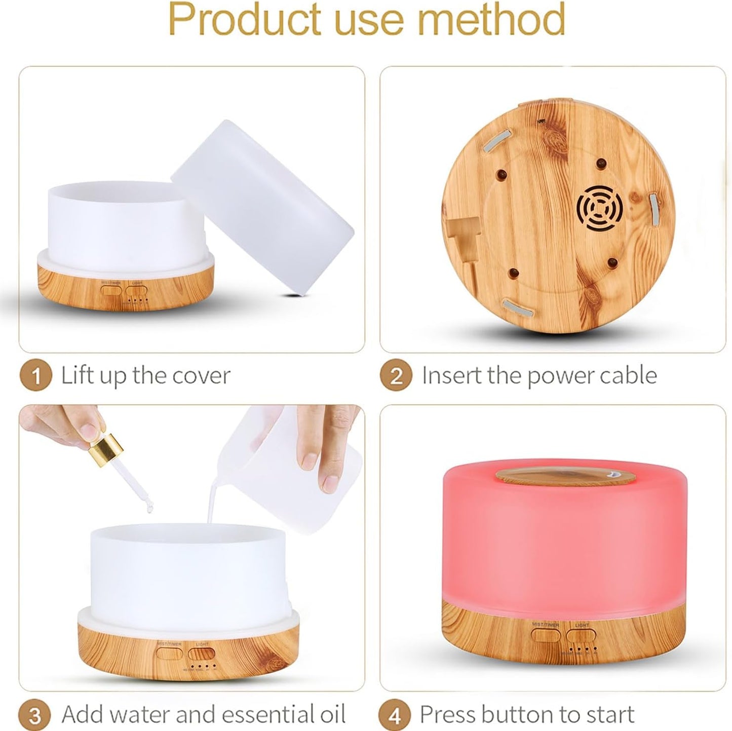 Essential Oil Diffuser, Wood Ultrasonic Cool Mist Humidifier, 500ml Humidifiers for Bedroom, Waterless Auto-Off, for Home,Bedroom,Office (Light Wood)