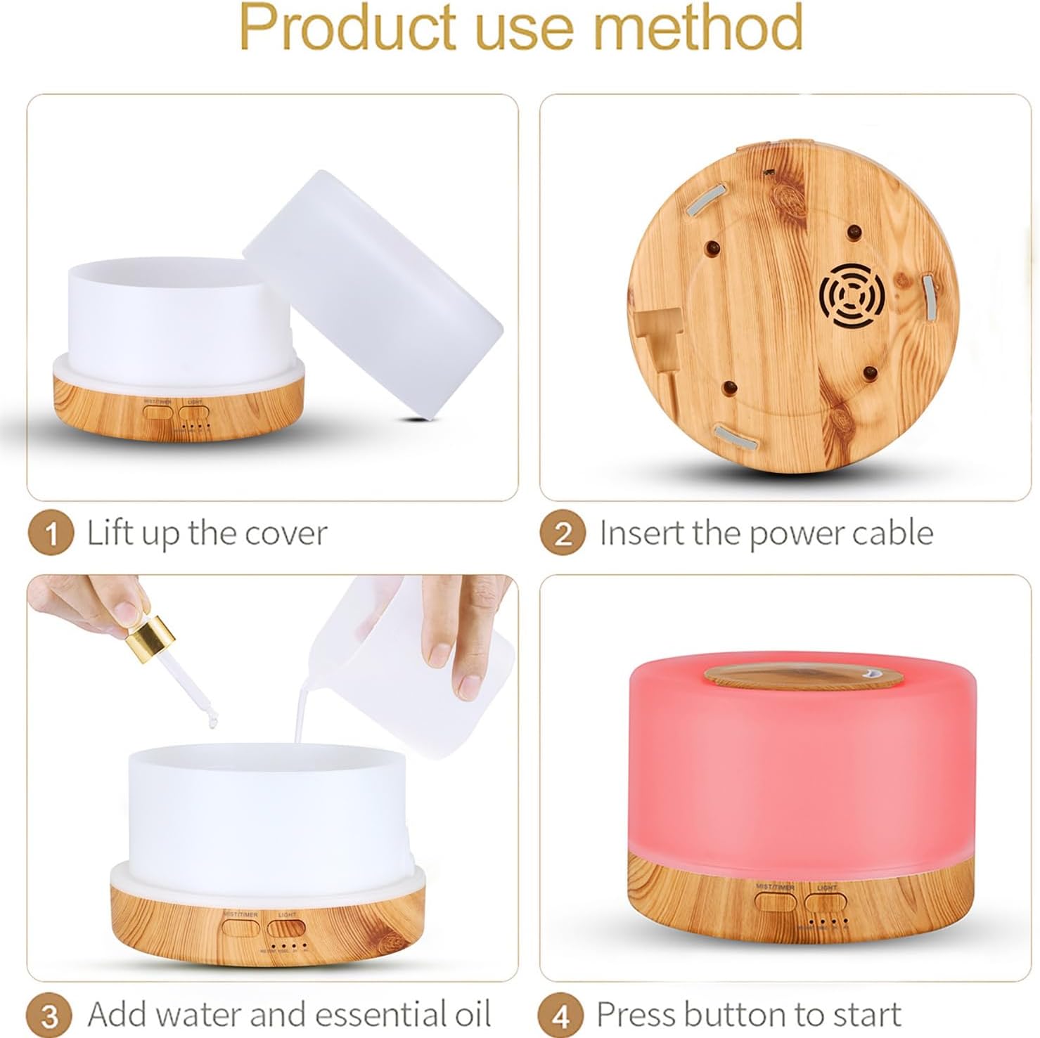 Essential Oil Diffuser, Wood Ultrasonic Cool Mist Humidifier, 500ml Humidifiers for Bedroom, Waterless Auto-Off, for Home,Bedroom,Office (Light Wood)