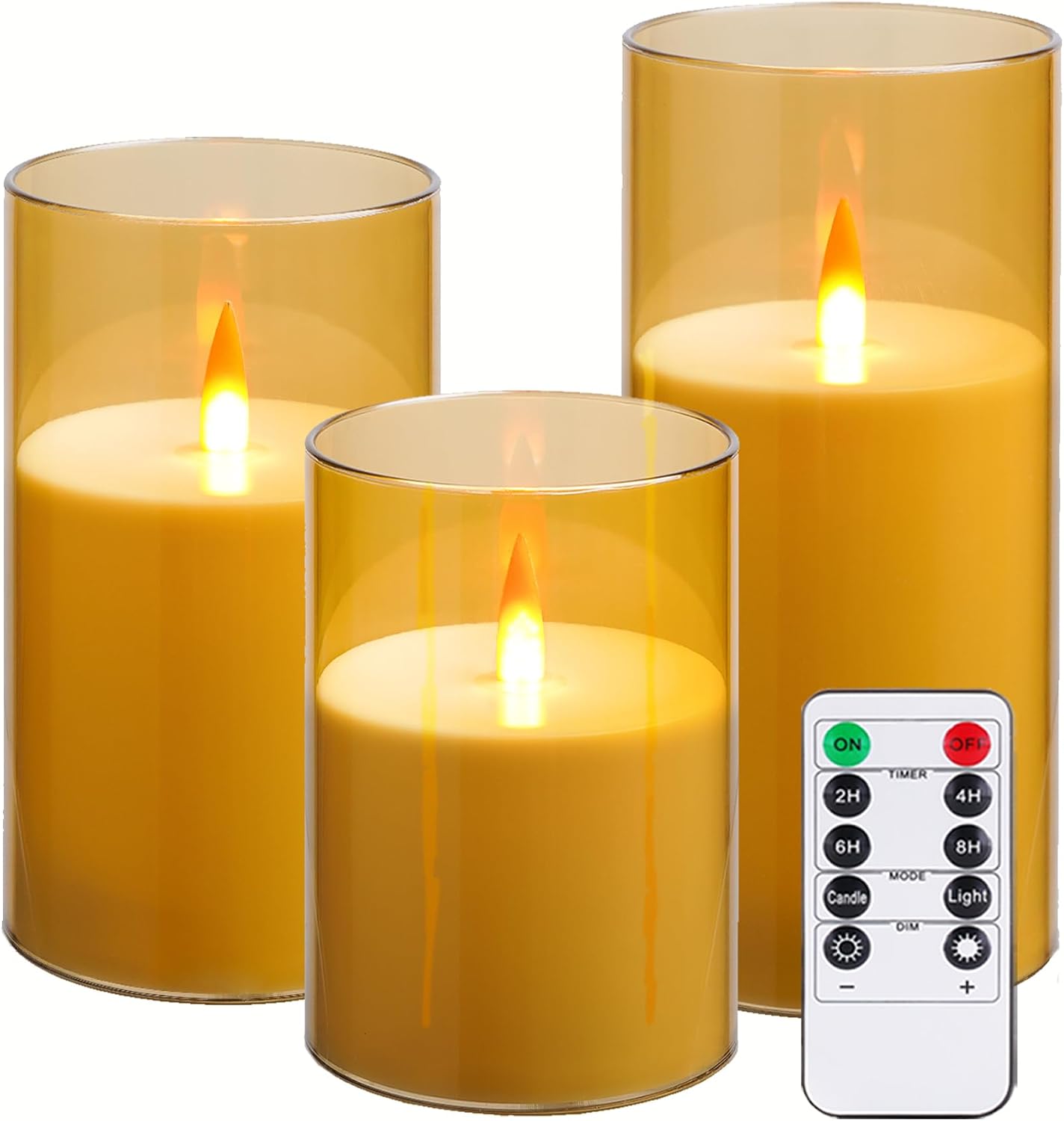 Upinmz Gold Acrylic Flameless Candles with Remote Control and Timers，Battery Operated Candles，LED Pillar Candles with Dancing Flame ，for Home Decorations ，Set of 3