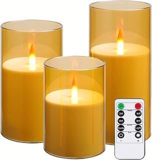 Upinmz Gold Acrylic Flameless Candles with Remote Control and Timers，Battery Operated Candles，LED Pillar Candles with Dancing Flame ，for Home Decorations ，Set of 3
