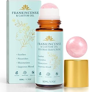 Castor Oil and Frankincense Roll On – Rose Quartz Roller Ball, Organic Cold Pressed Castor Oil for Eyebrows, Face & Neck, Firms Skin Feel Soft Smooth & Brightens Eyes, 1.7 fl oz