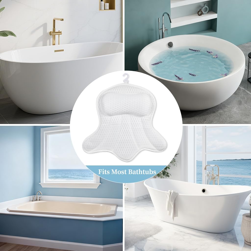 AmazeFan Luxury Bath Pillow,Ergonomic Bathtub Spa Pillow with 4D Air Mesh Technology and 6 Suction Cups,Helps Support Head,Back and Neck,Fits All Bathtub,Hot Tub and Home Spa (US Patent) (White)