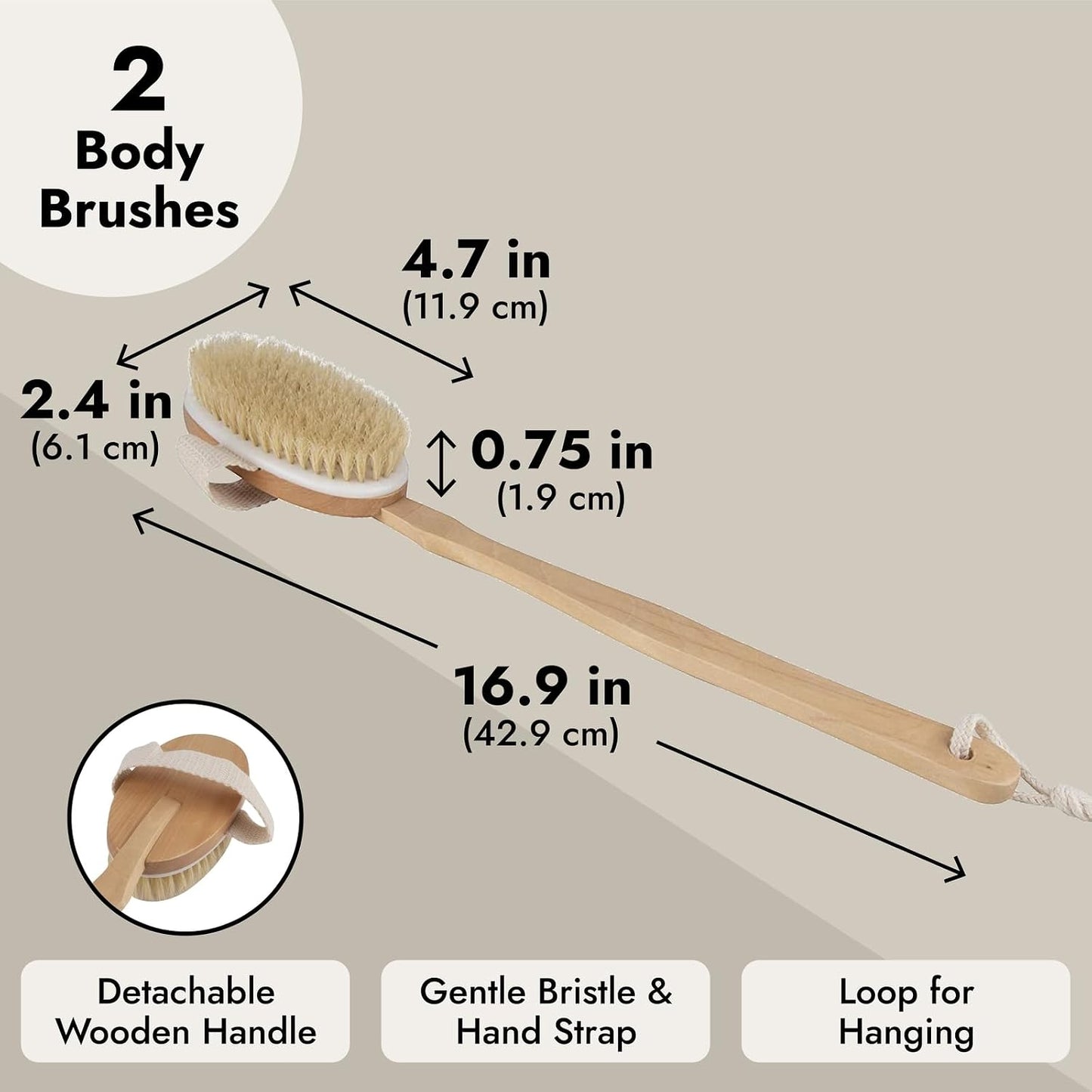 Juvale Dry Brushing Body Brush - Versatile Dry & Shower Brush - Long-Handle Back Scrubber - Bath Scrubber with Removable Handle - Pack of 2, 16.9 in