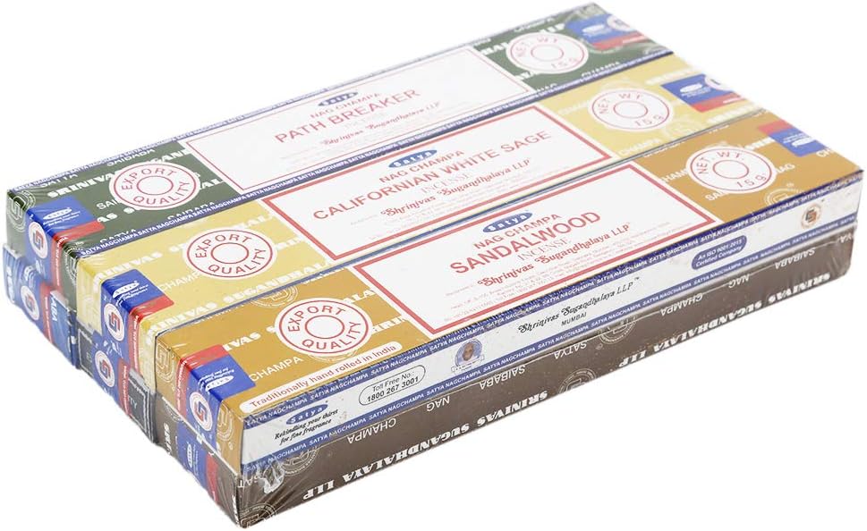 Satya - Set of 6 - Nag Champa, Super Hit,Path Breaker,Soul Searcher, Sandalwood, Californian White Sage 15 Grams