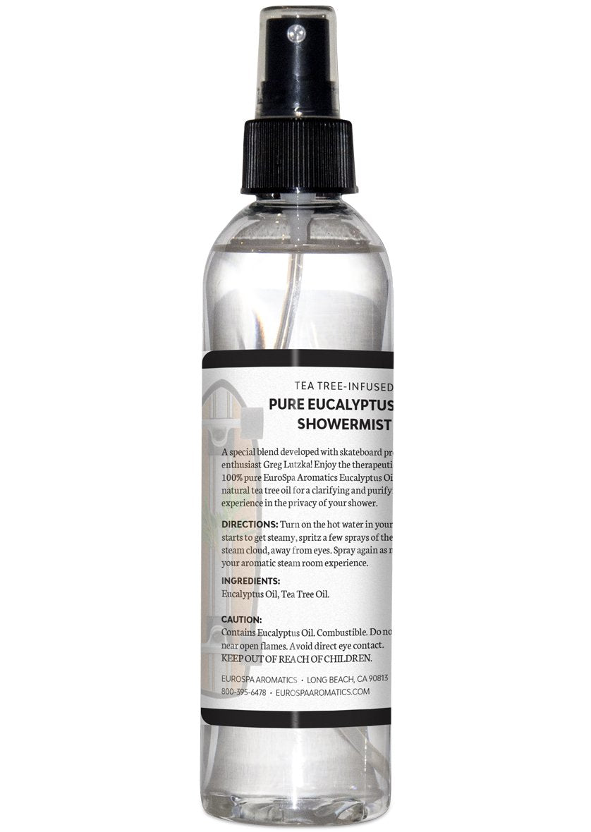EuroSpa Aromatics Pure Eucalyptus Oil ShowerMist and Steam Room Spray, All-Natural Premium Aromatherapy Essential Oils - Tea Tree Infused, 8oz