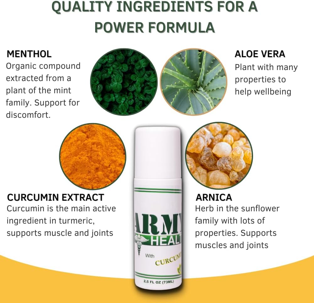 Roll On 100% Natural Turmeric Curcumin - Pain Reliever - Inflammation - Headache - Backache - Joint and Muscle Pain 2.5 Oz