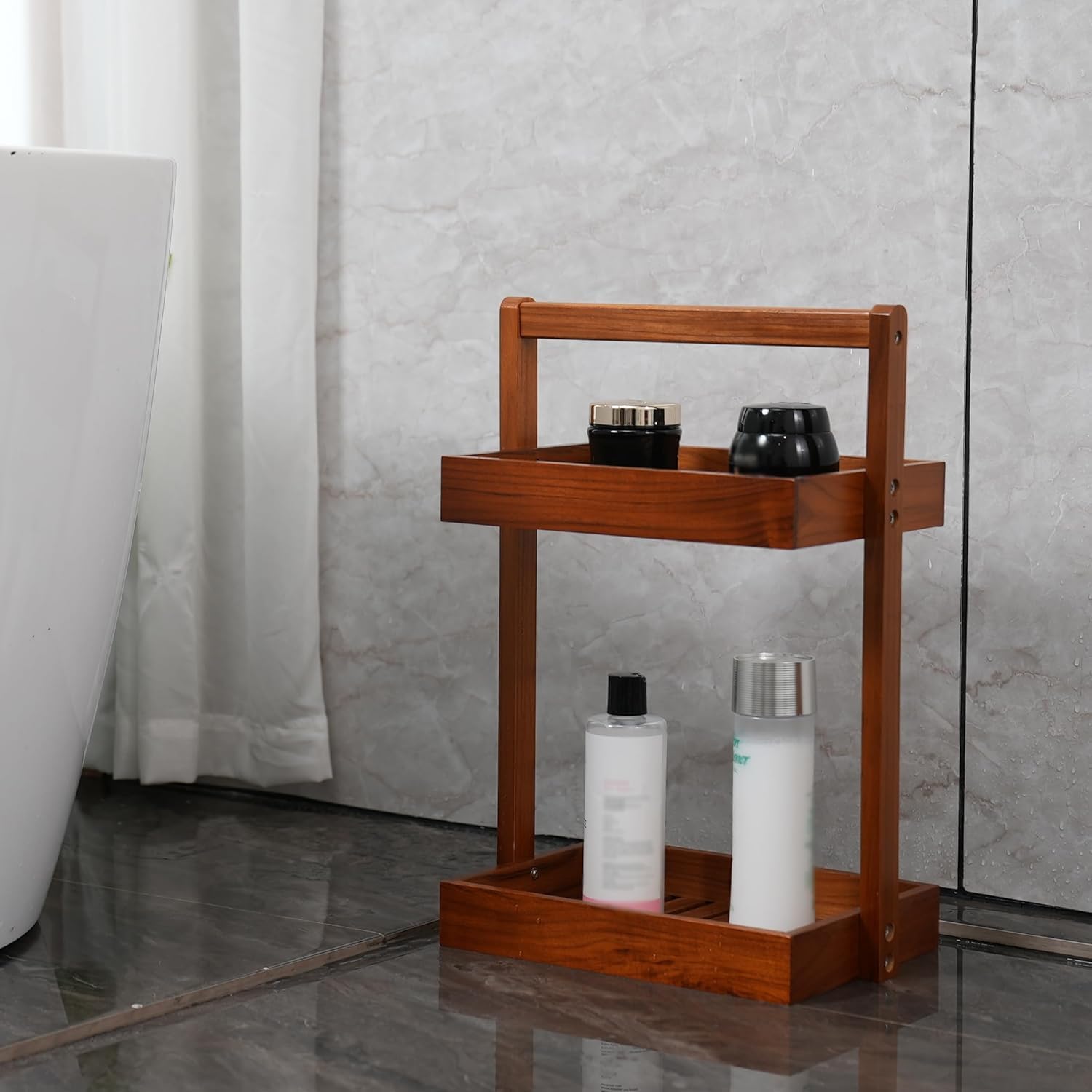 Utoplike Teak Wood Shower Caddy Corner, 2 Tier Bathroom Organizer Countertop, Standing Shower Rack with Handle, Stand Up Shower Basket for Shampoo, Shelf Rack for Inside Shower, Kitchen Desktop